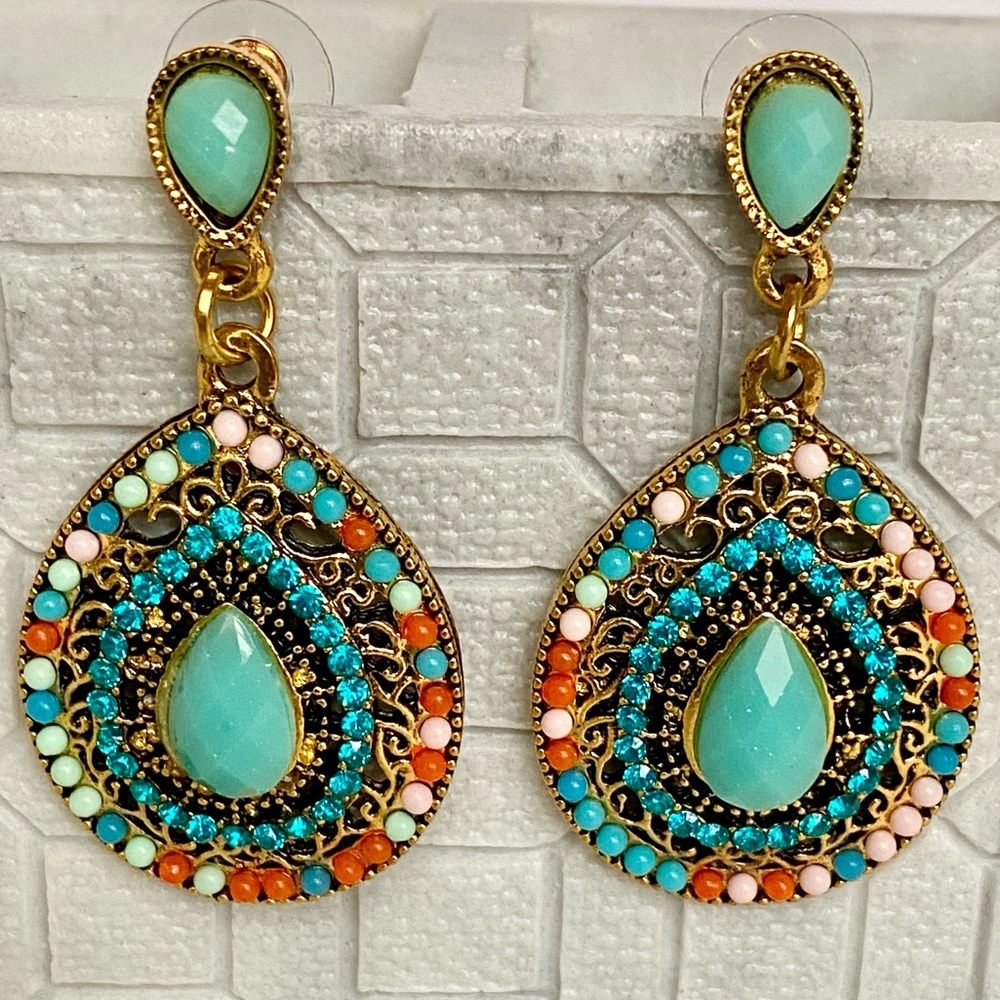 NEW Turquoise with Rhinestones and Multicolor Beads Tear Drop Earrings